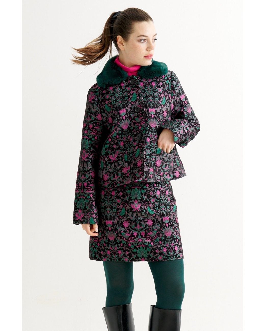 Louche Green Apple Belle Plume Fur Trim Cropped Jacket
