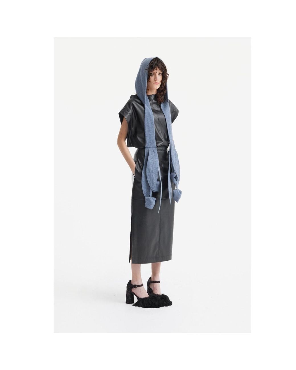 Julia Allert Blue Self-Tie Double Knit Wool Hooded Scarf