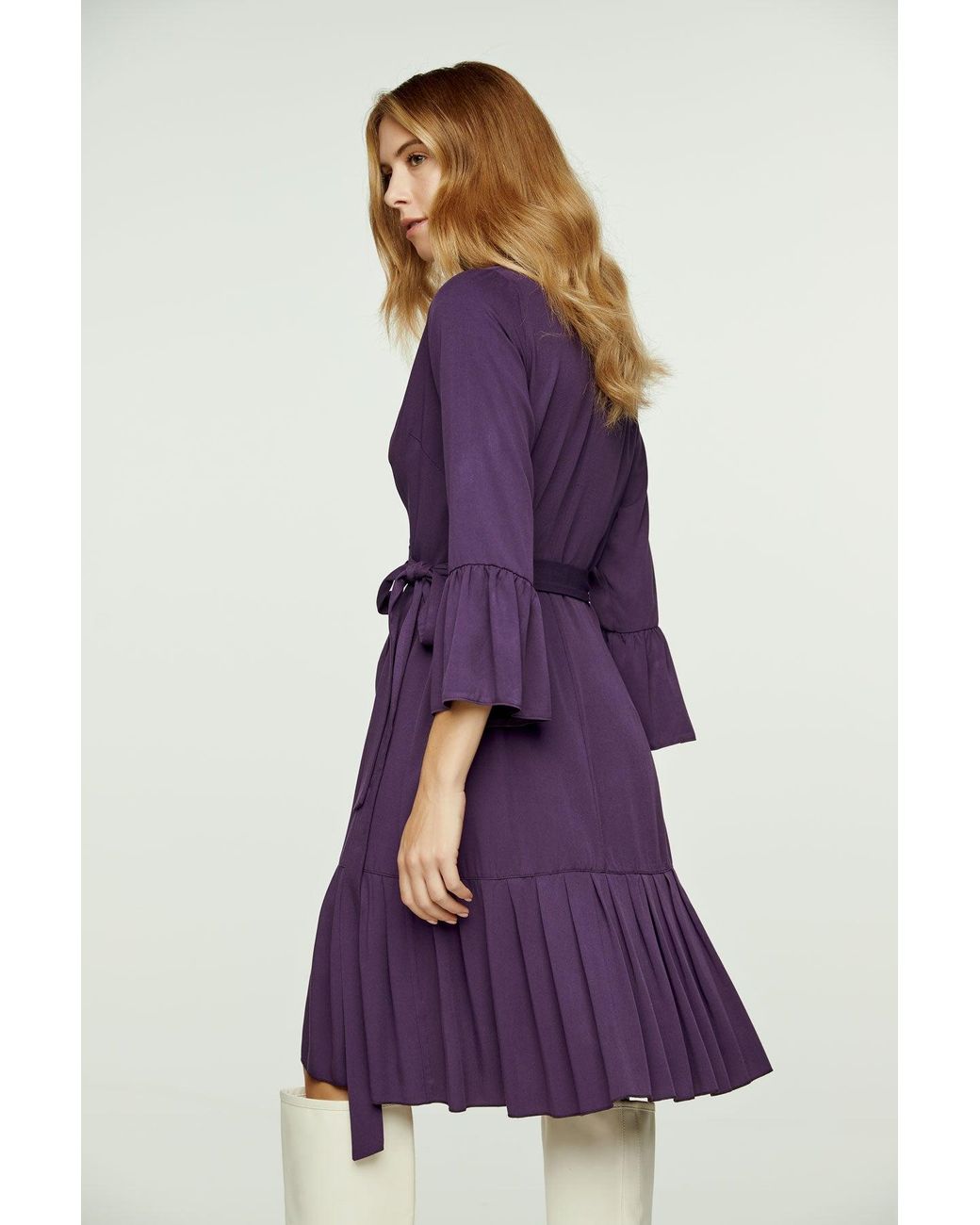 Conquista Purple Aubergine Wrap Dress Viscose With Bell Sleeves