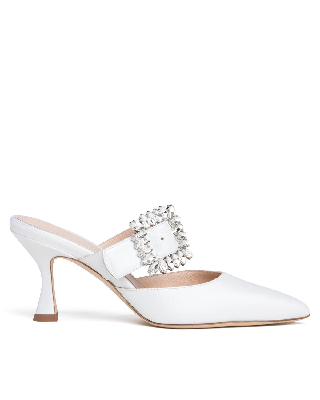 Beautiisoles by Robyn Shreiber Made in Italy White Georgina Pearlized Leather Mule Elegant & Sexy With Jewels Wedding Bridal For Evening Wear