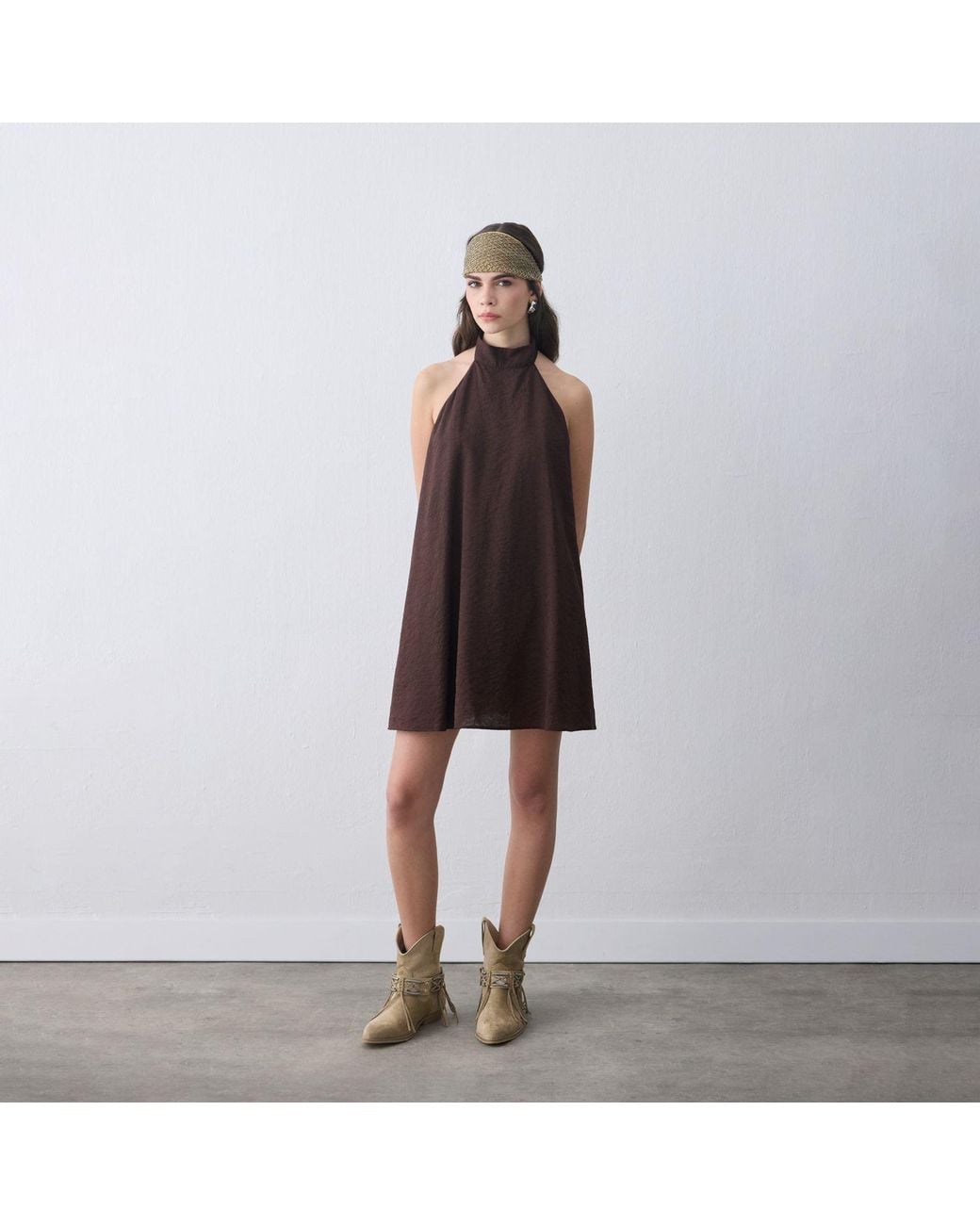Thisisu Collection Brown Nysa Halter-Neck Jacquard Mini Dress