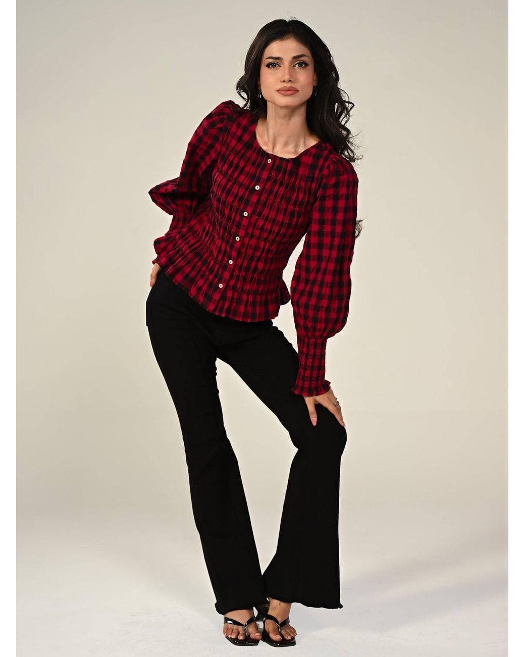 Rose & Nancy Red Mary Cotton Check Smocked Shirt