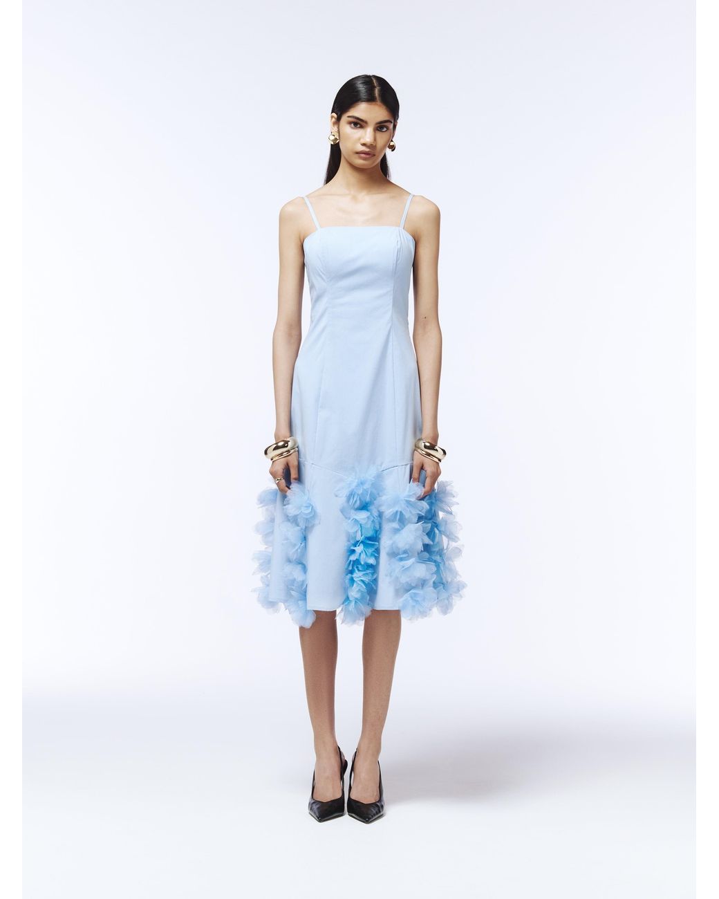 Sour Figs Blue Watercolour-Edge Floral Appliqué Midi Slip Dress