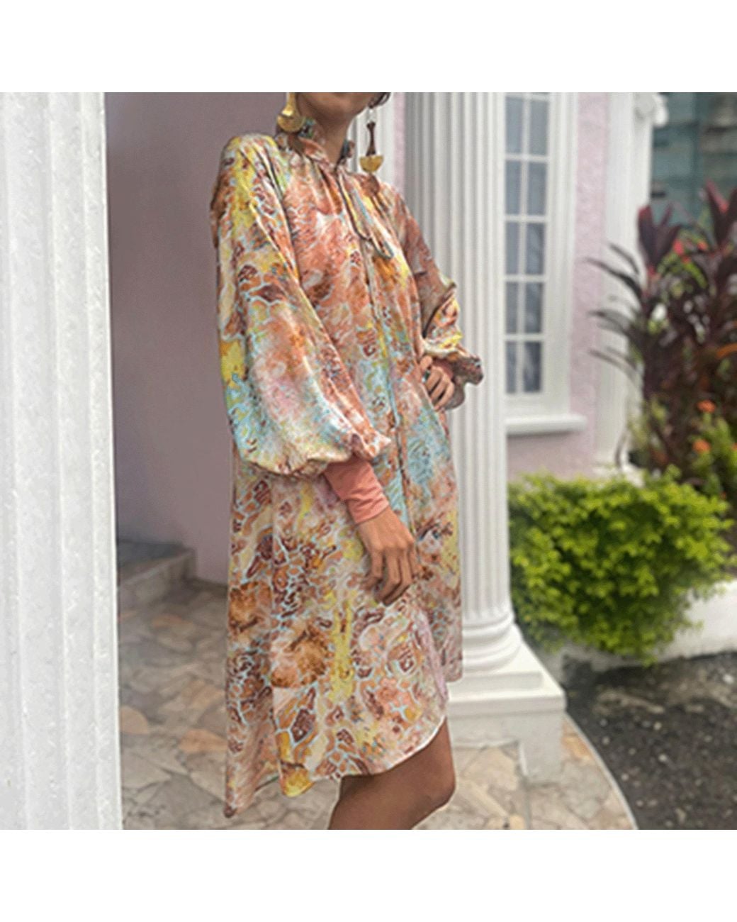 carlton jones Natural Forio Print Silk Vera Dress