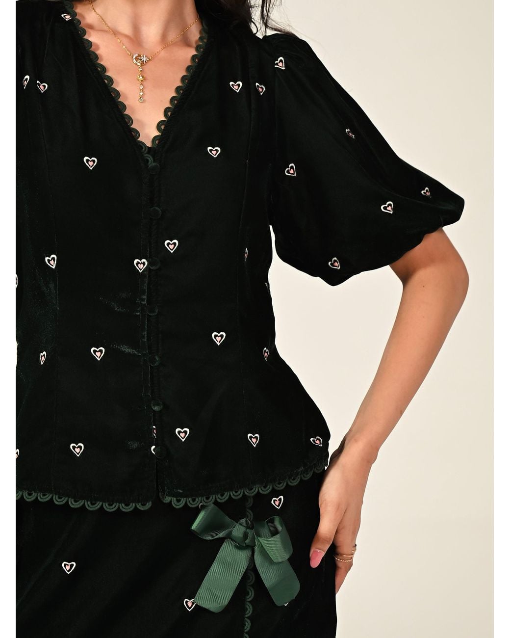 Rose & Nancy Black Illy Embroidered Heart Velvet Top