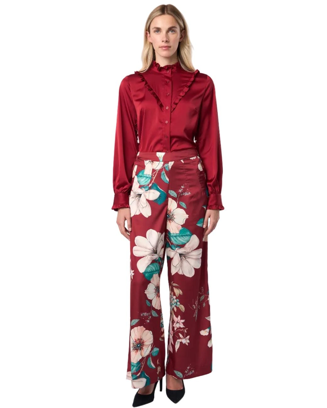 Carloslines Red Ruffle Stand Collar Long Sleeve Shirt