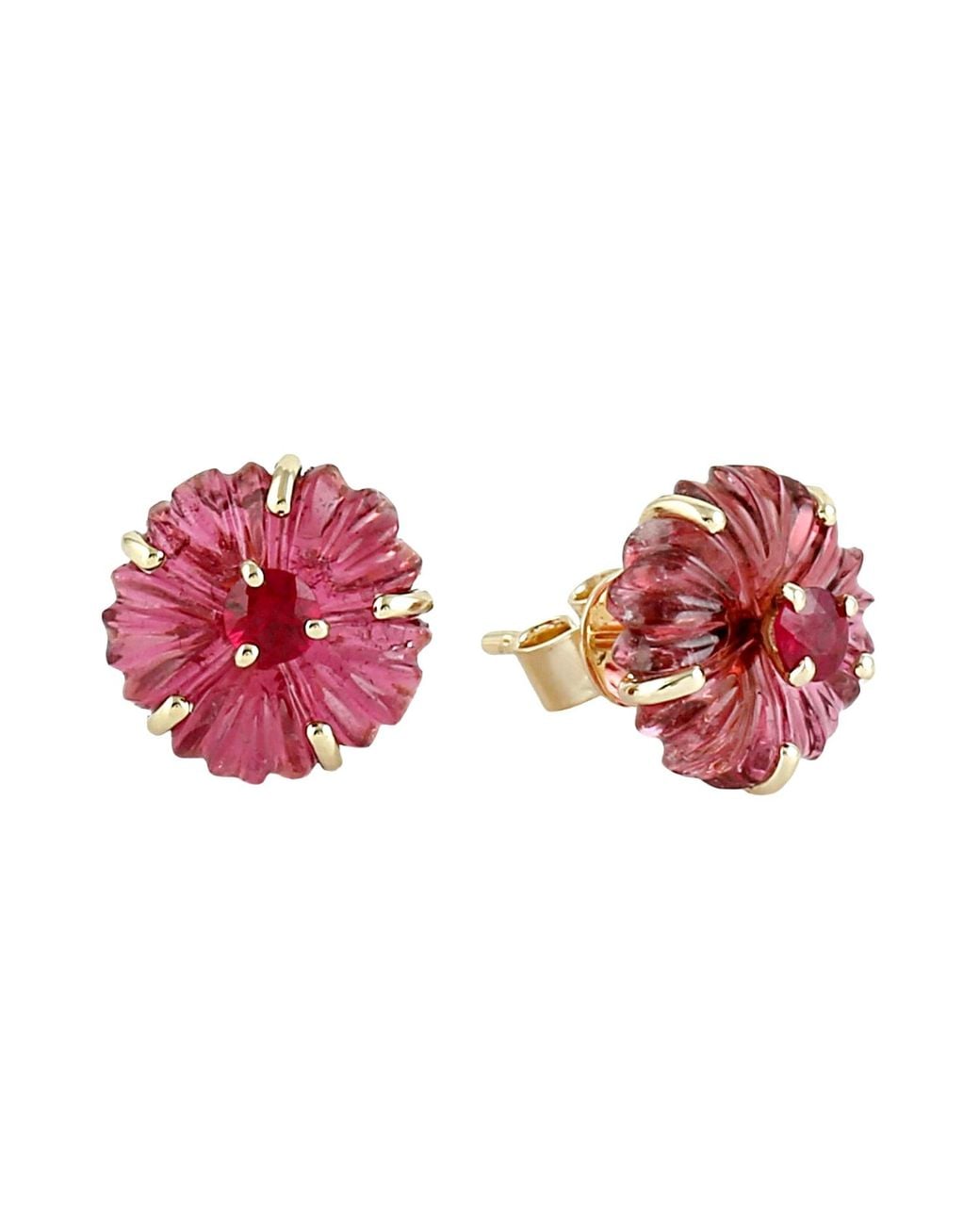 Artisan Red 14K Carved Tourmaline & Ruby Flower Stud Earrings