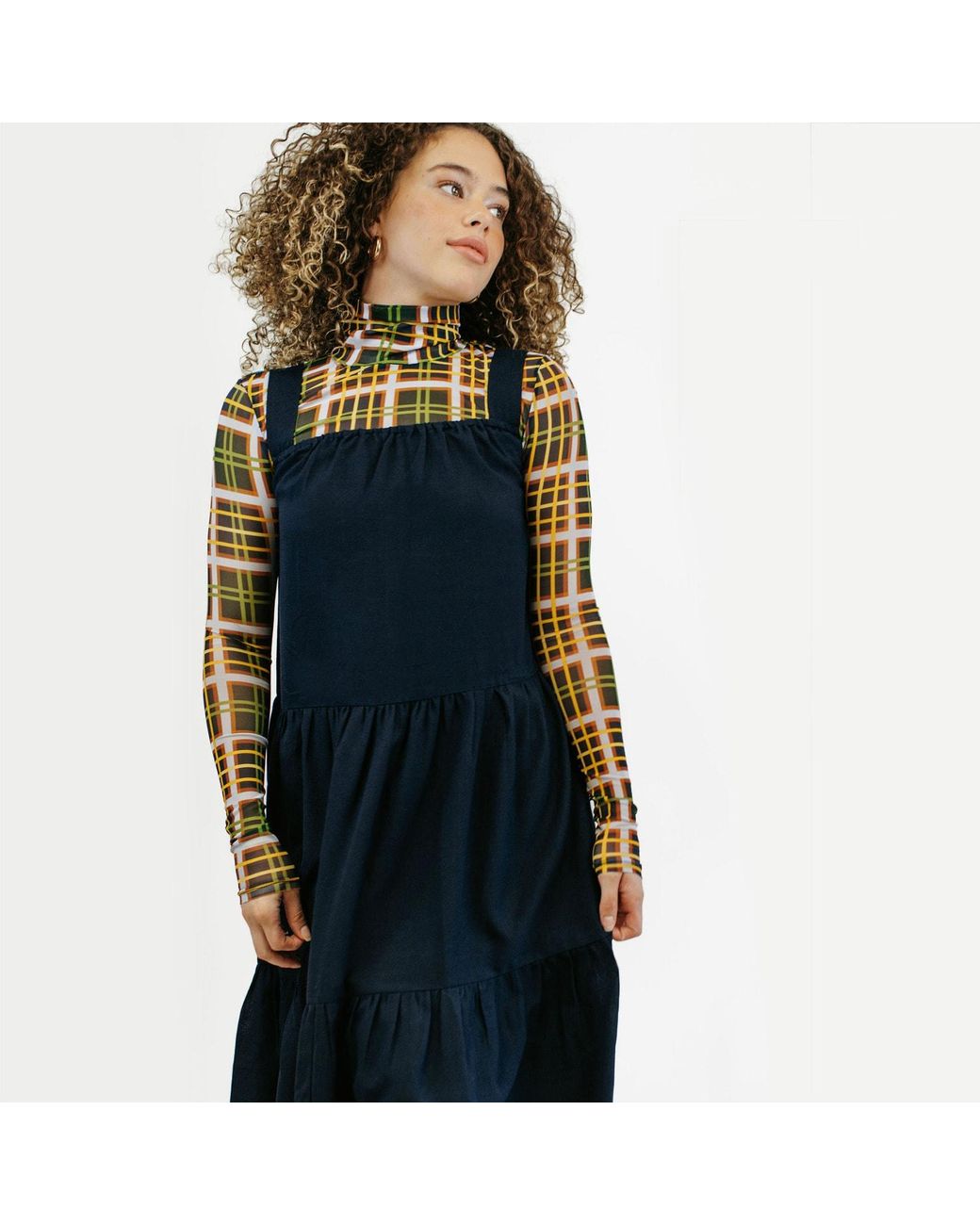 Zenzee Blue Cotton Linen Gathered Strap Tiered Dress