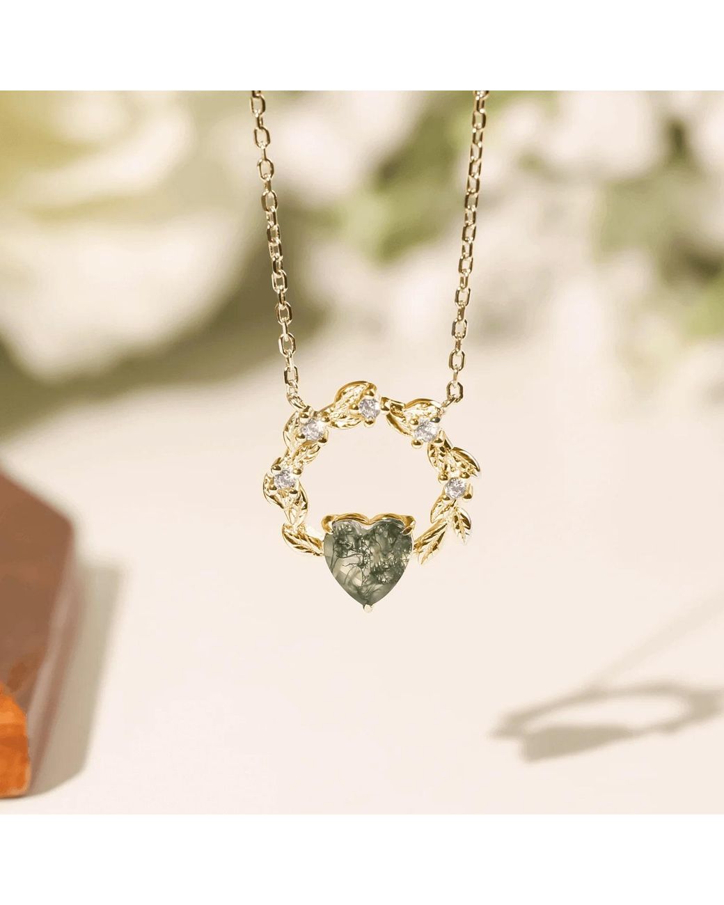 Azura Jewelry New York Metallic Heart Desire Moss Agate Vermeil Necklace
