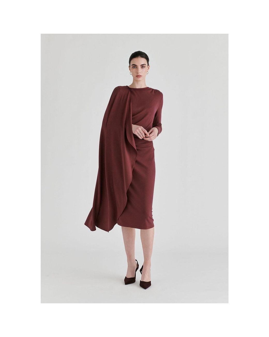 Paisie Red Asymmetrical Cape Sleeve Lyocell Jersey Midi Dress