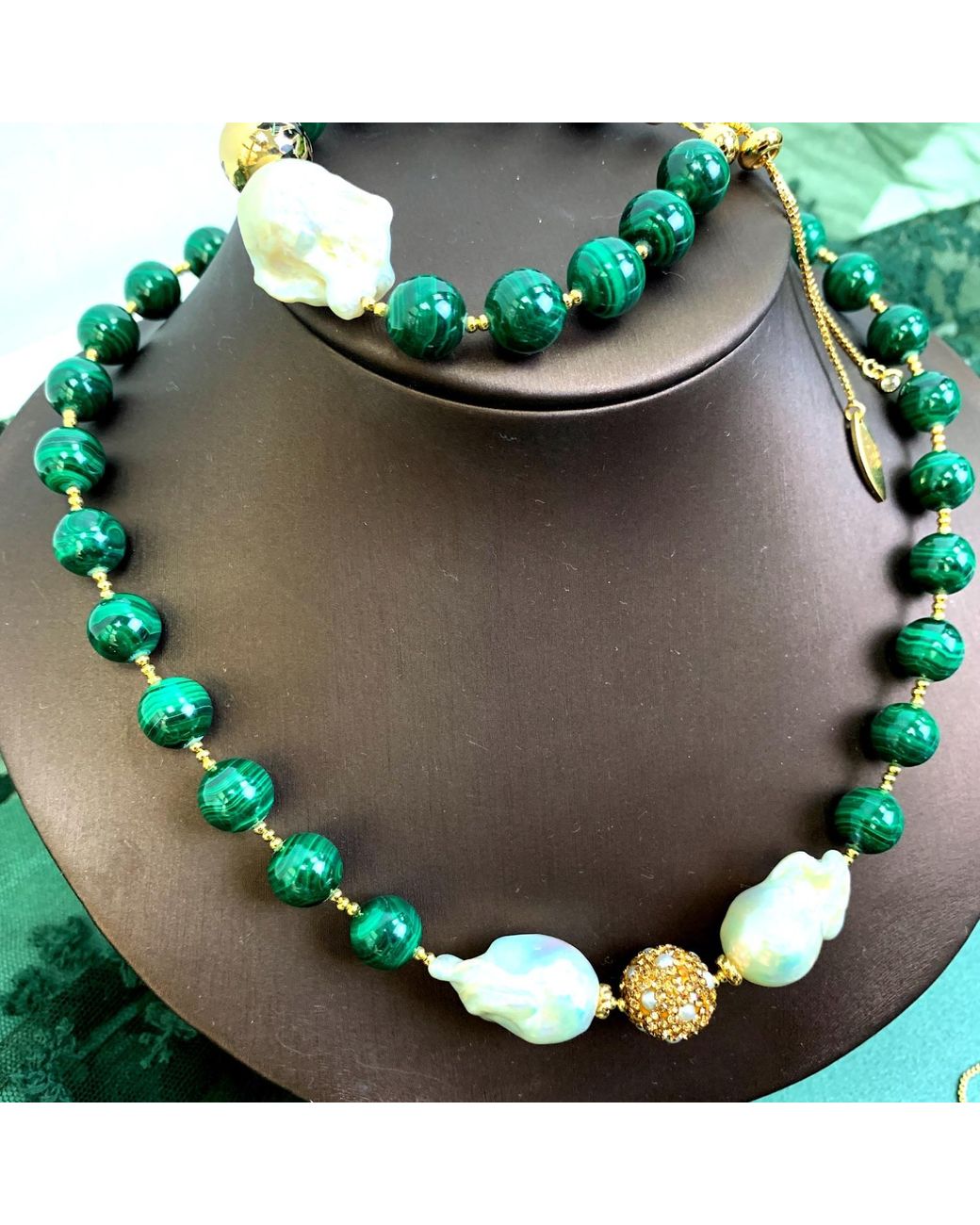 Farra Green Malachite Stones With Baroques Pearls Sophisticated Necklace