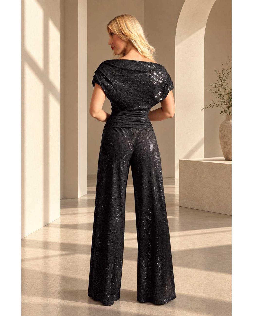 Atom Label Black Carbon Sequin Bardot Wide Leg Jumpsuit