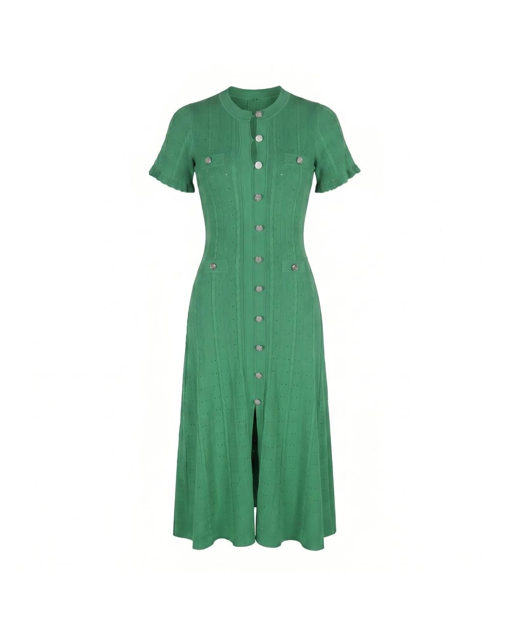Modenaire Green Textured Knit Midi Dress Refined Button Front