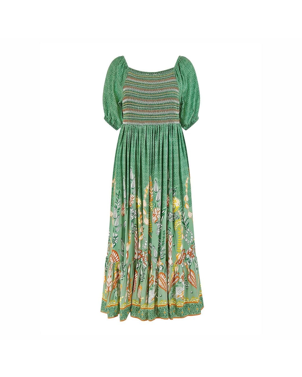 Yumi' Green Ruched Leaf Print Maxi Dress With Puff Sleeves