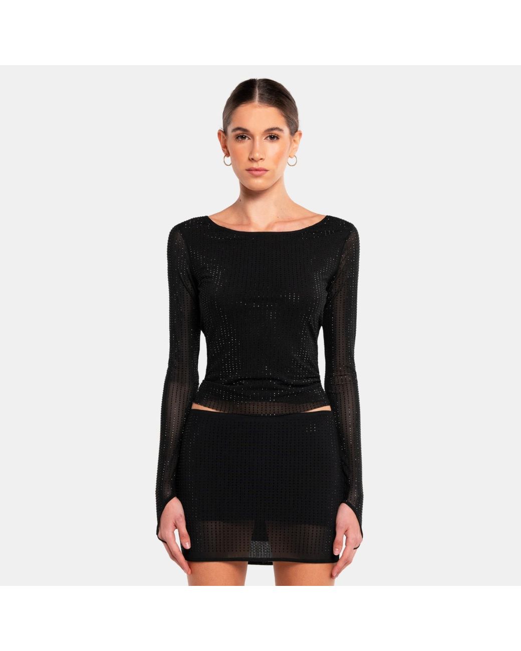 OW Collection Black Mesha Open Back Rhinestone Blouse