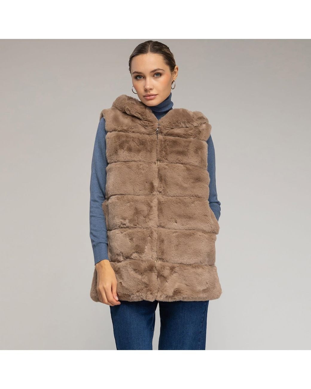 Tantra Spain Sl Brown Neutrals Fur Vest With Hood And Zipper Closure