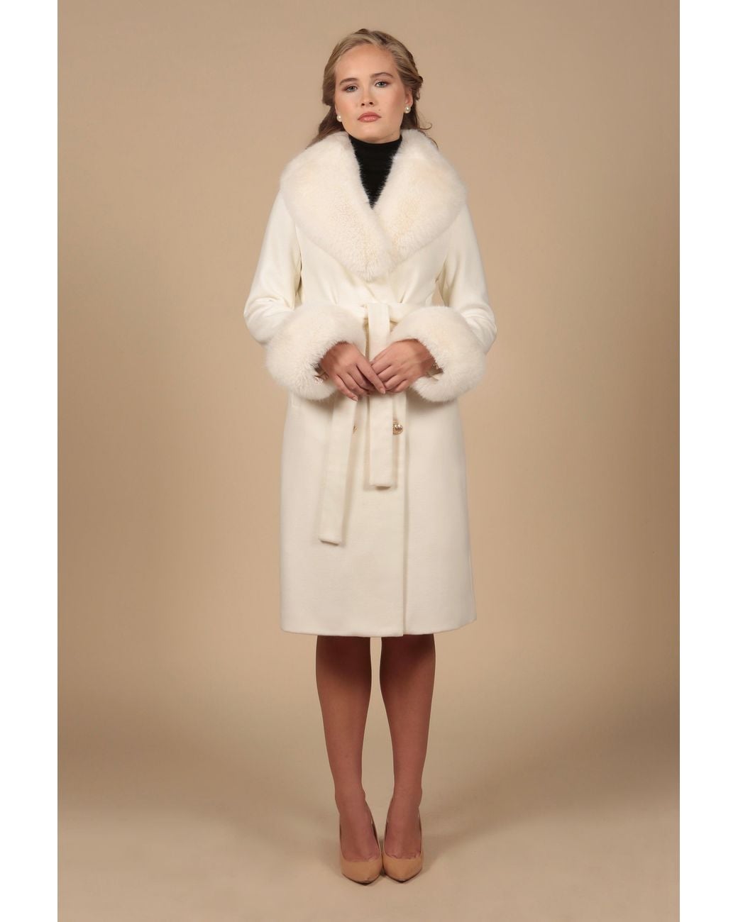 Santinni Natural Marlene Cashmere & Wool Coat With Faux Fur