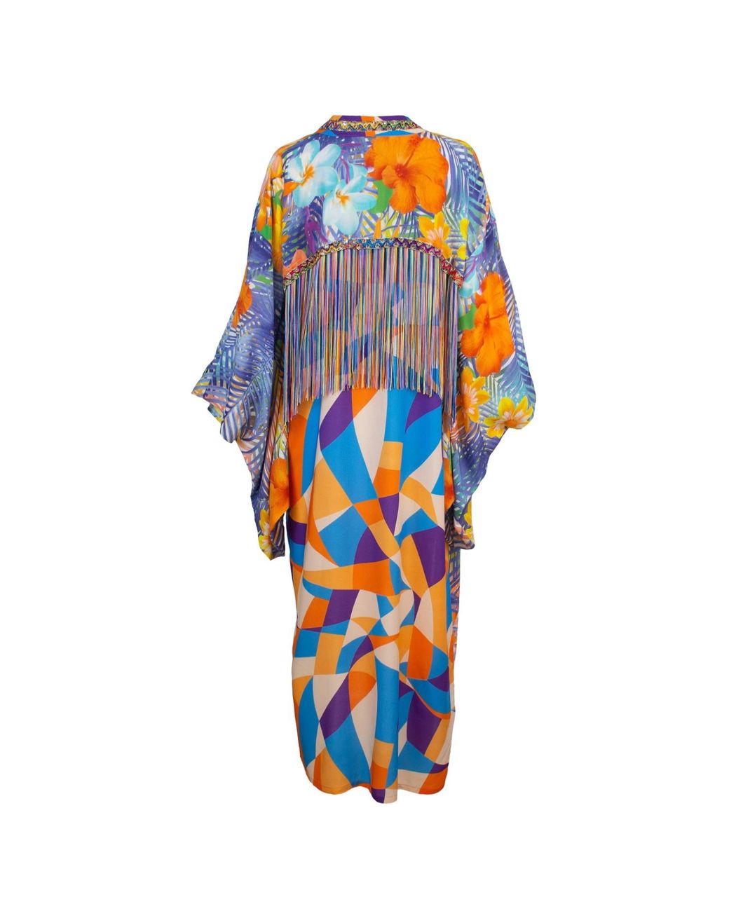 Lalipop Design Orange Viscose Kimono With Embroidery & Fringe Details