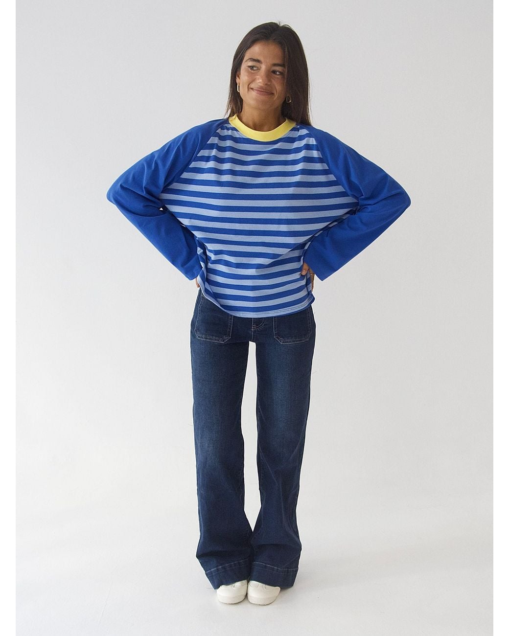 Mind Traveler Blue Striped Raglan Long Sleeve Carla Top With Contrast Neck