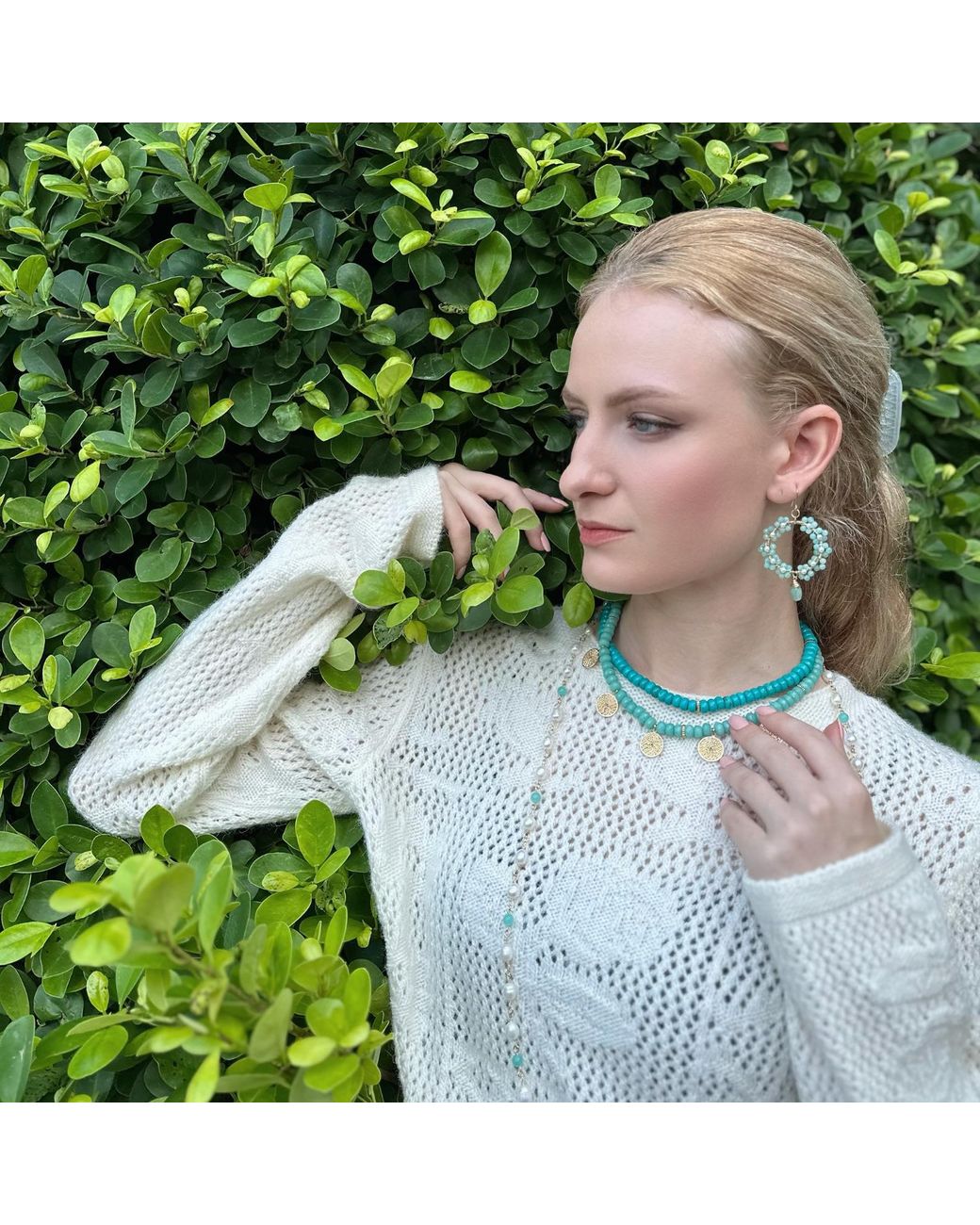Farra Green Amazonite Double Strands Coin Charm Statement Necklace