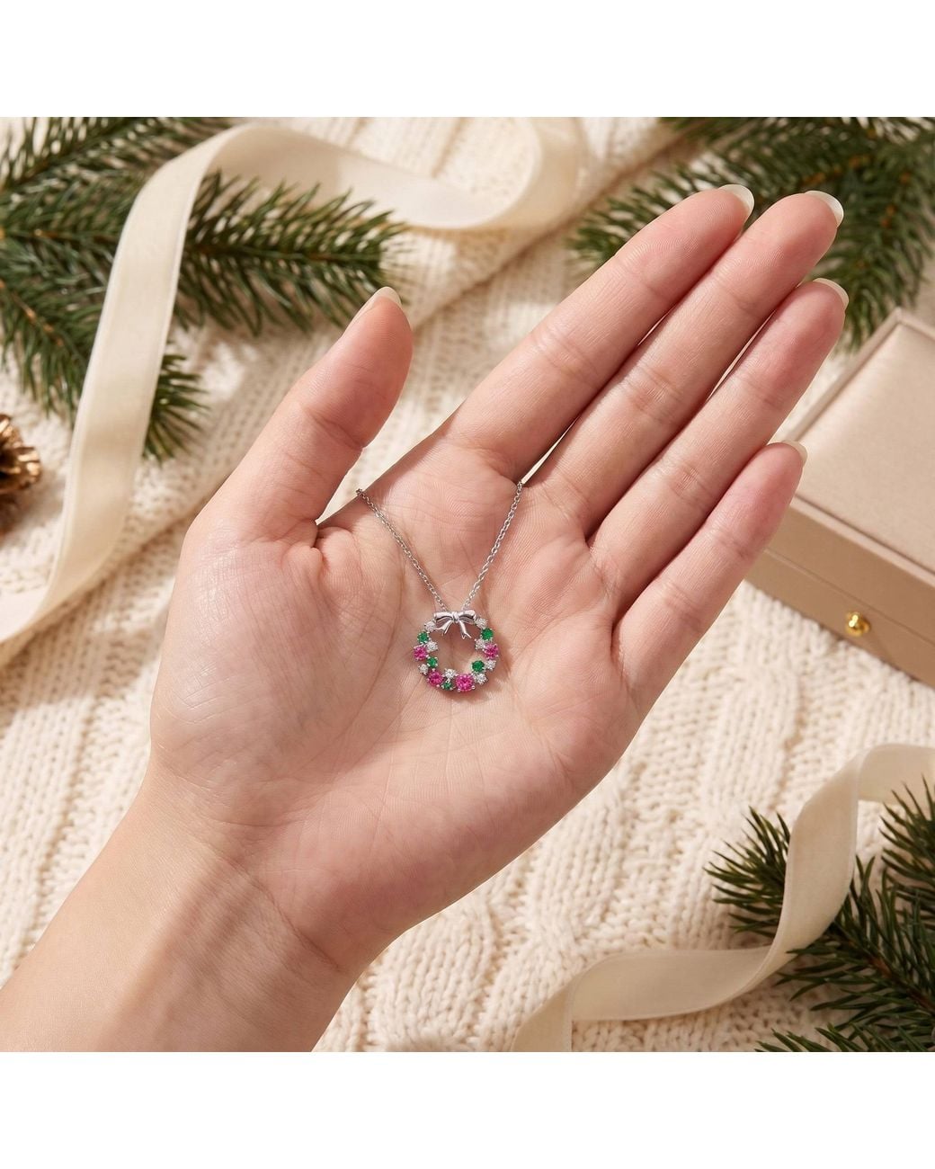 Genevive Jewelry Pink Plated With Colored Cubic Zirconia Wreath Shaped Christmas Pendant Necklace