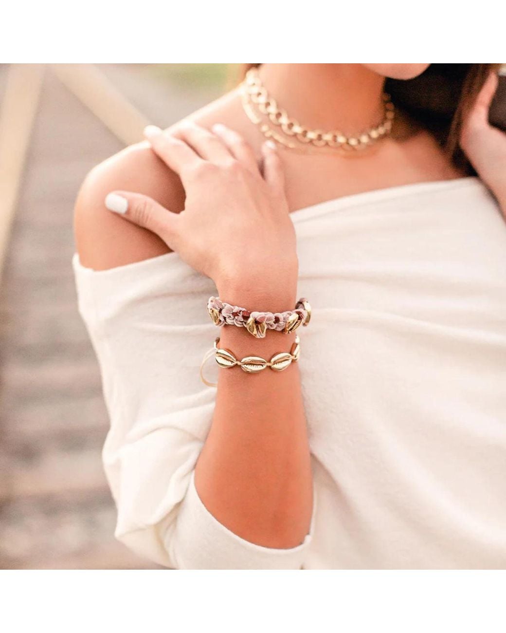 Adriana Pappas Designs Metallic Mini Shells Bracelet Ivory