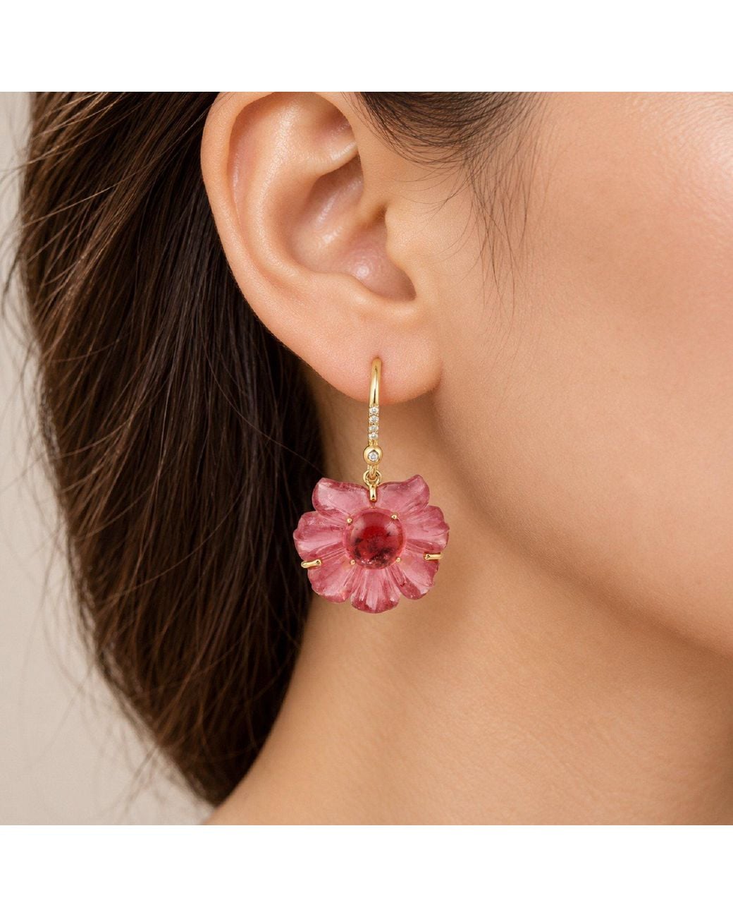 Artisan Red 18K Carved Tourmaline & Diamond Floral Earrings