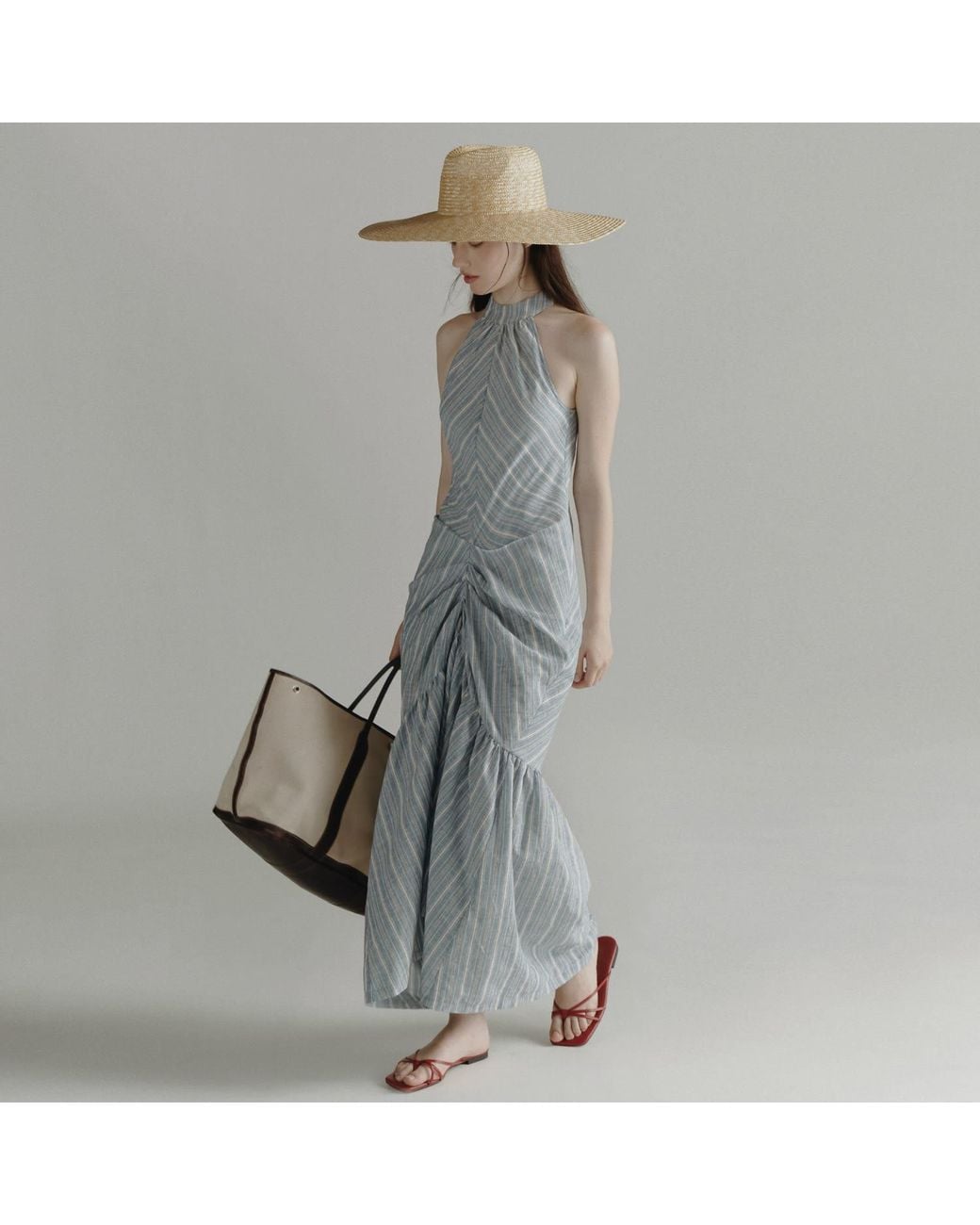 Belsize25 Blue Striped Halterneck Ruched Maxi Dress
