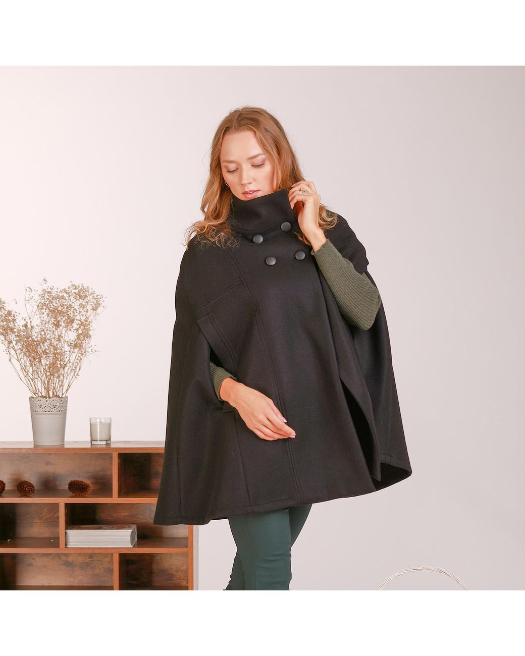 Nikka Place Black Wool Military Pea Coat With Front Buttons & High Neck