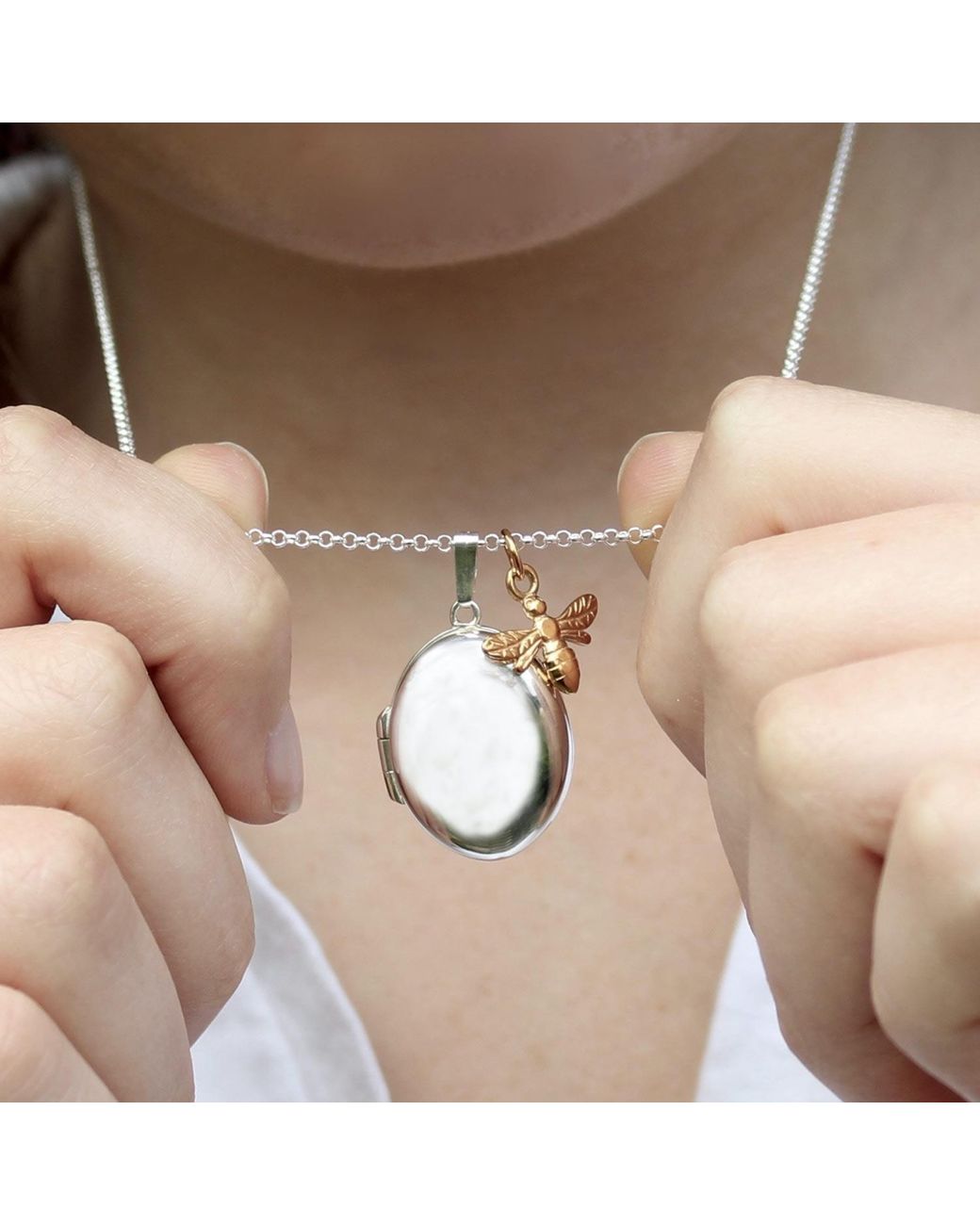 Lime Tree Design Metallic Oval Locket With Bee Necklace Sterling