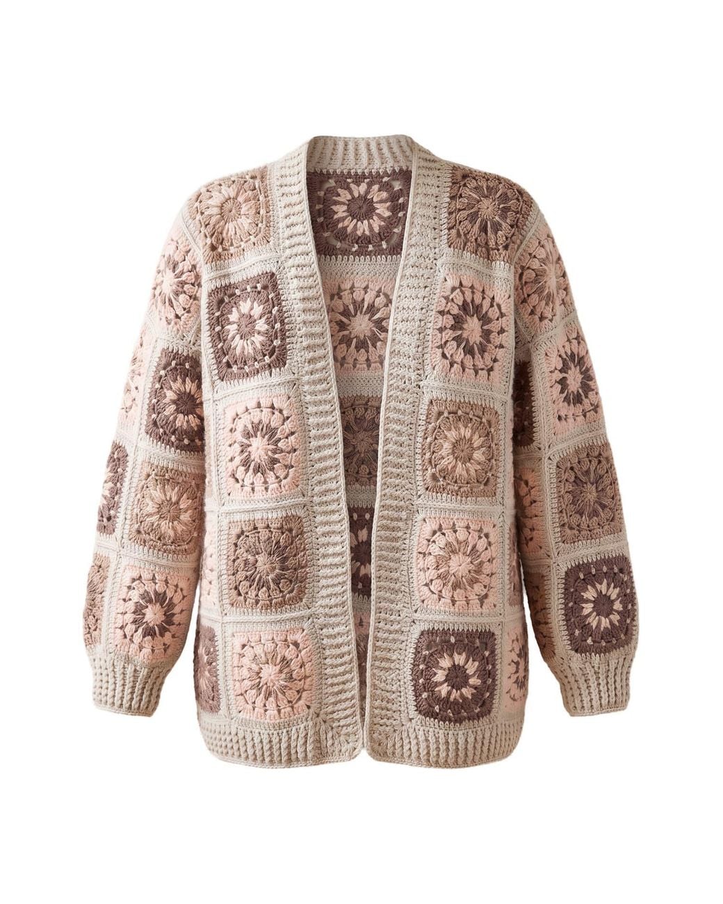 Ana Chic Brown Blush Granny Square Handmade Crochet Cardigan