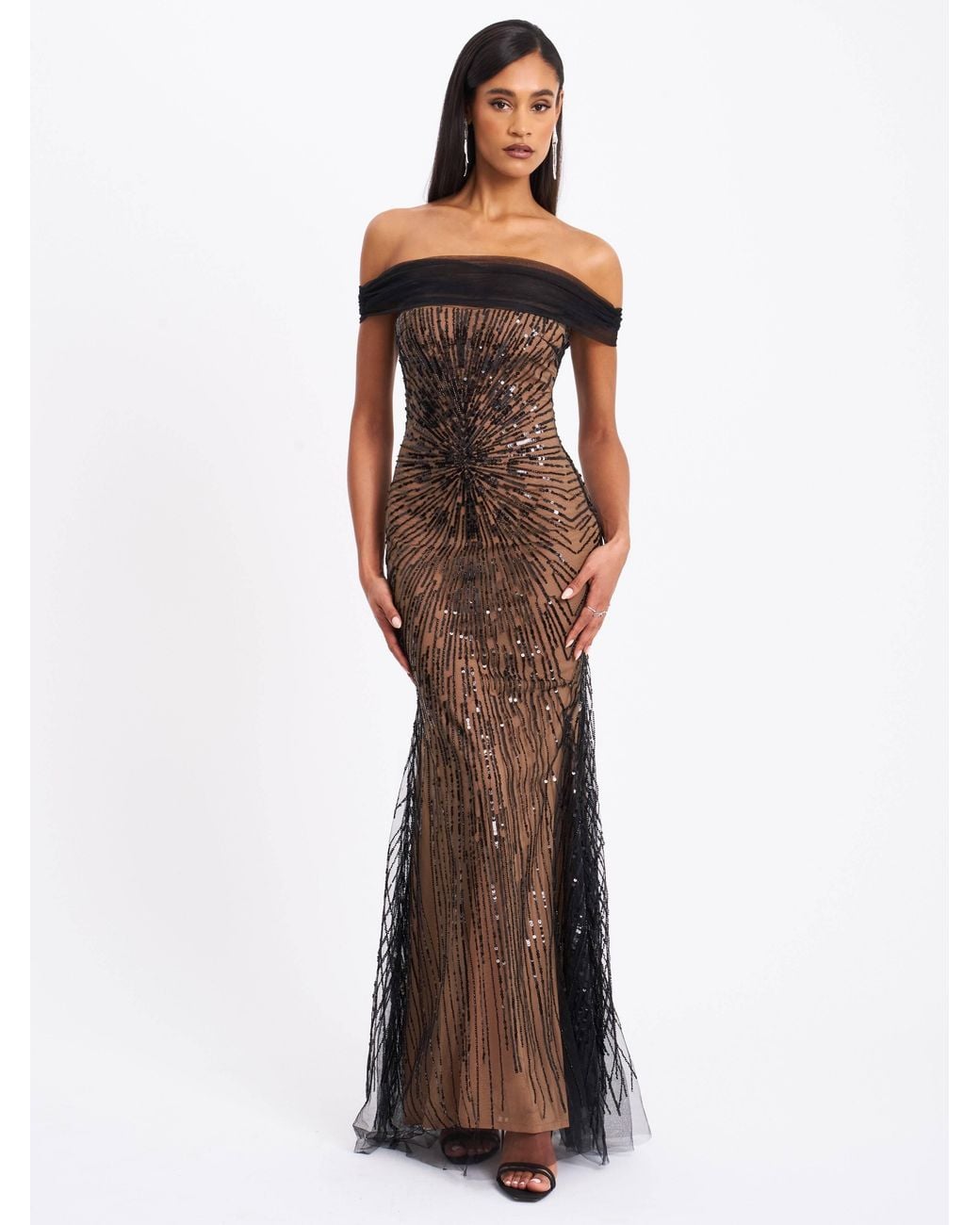 Miss Circle New York Black Qeturah Embroidered Sequin Off Shoulder Mesh Gown