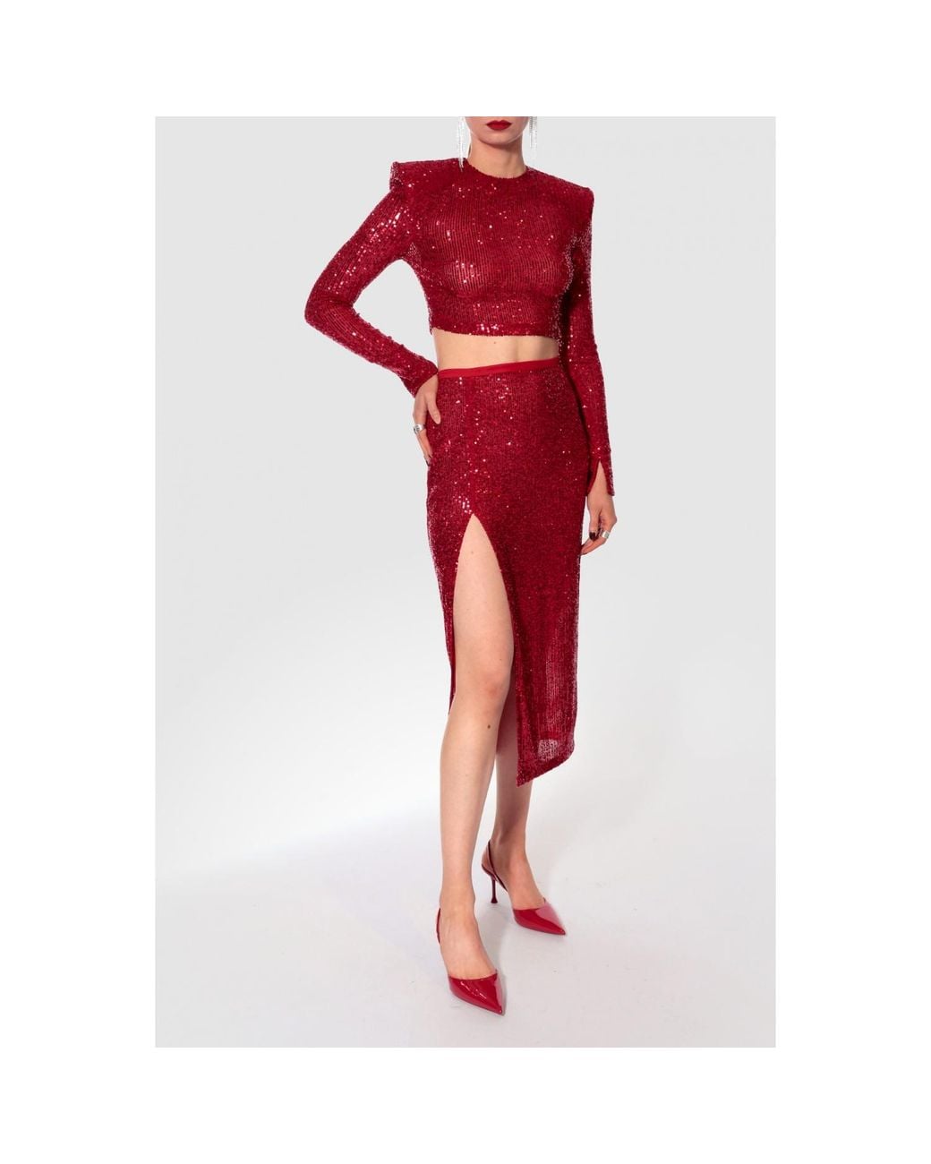 AGGI by HALEWSKI Red Zuza Sparcle Sequin Midi Skirt