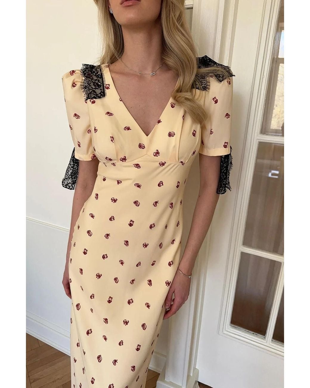 POST MERIDIEM Natural Fitted Lace Midi Dress With Short Sleeves