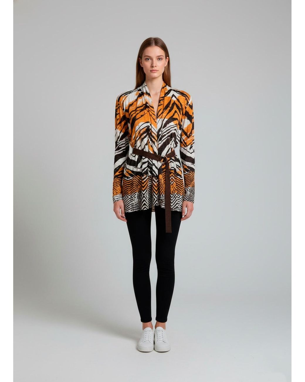 Conquista Multicolor Belted Animal-Print Cardigan With Open Front