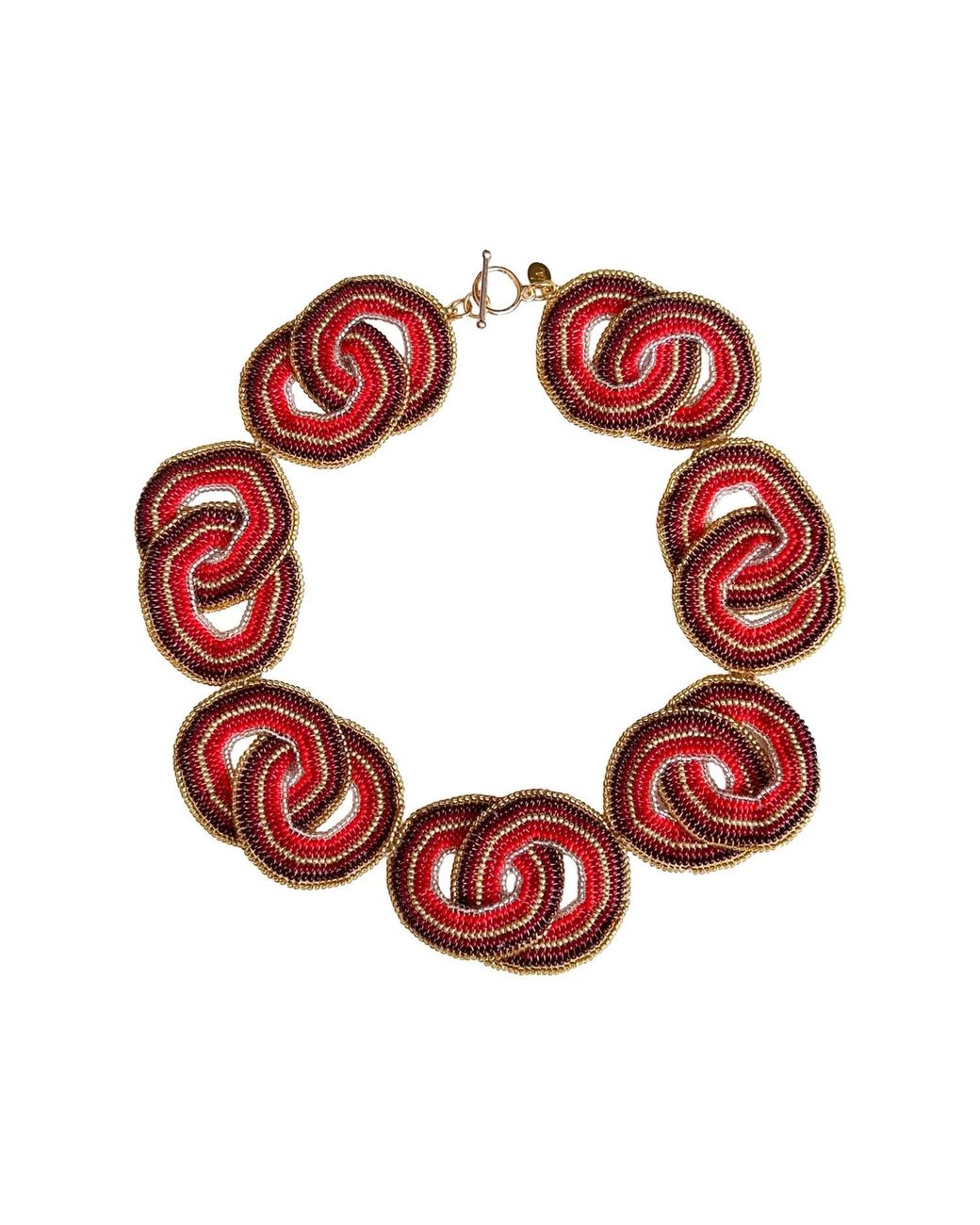 Iliana Arrazola Red Crisscrossed Circle Necklace, Glass Beads, Beaded Jewelry