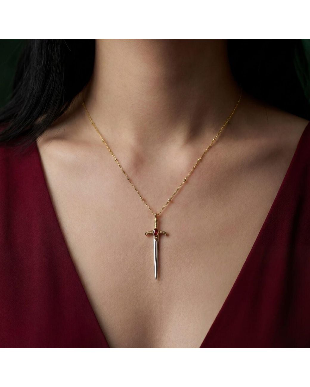 Azura Jewelry New York White Oathblade Garnet Sword Necklace Vermeil