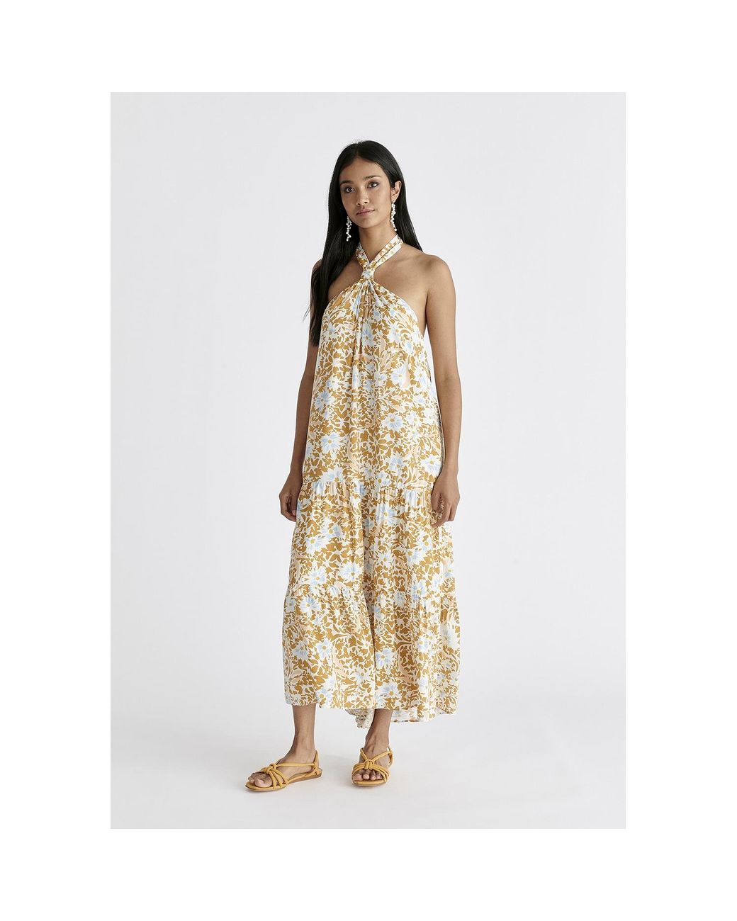 Paisie Metallic Tiered Halterneck Maxi Dress