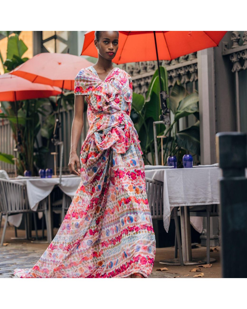 Miro Misljen Pink Jardin Draped One-Shoulder Gown