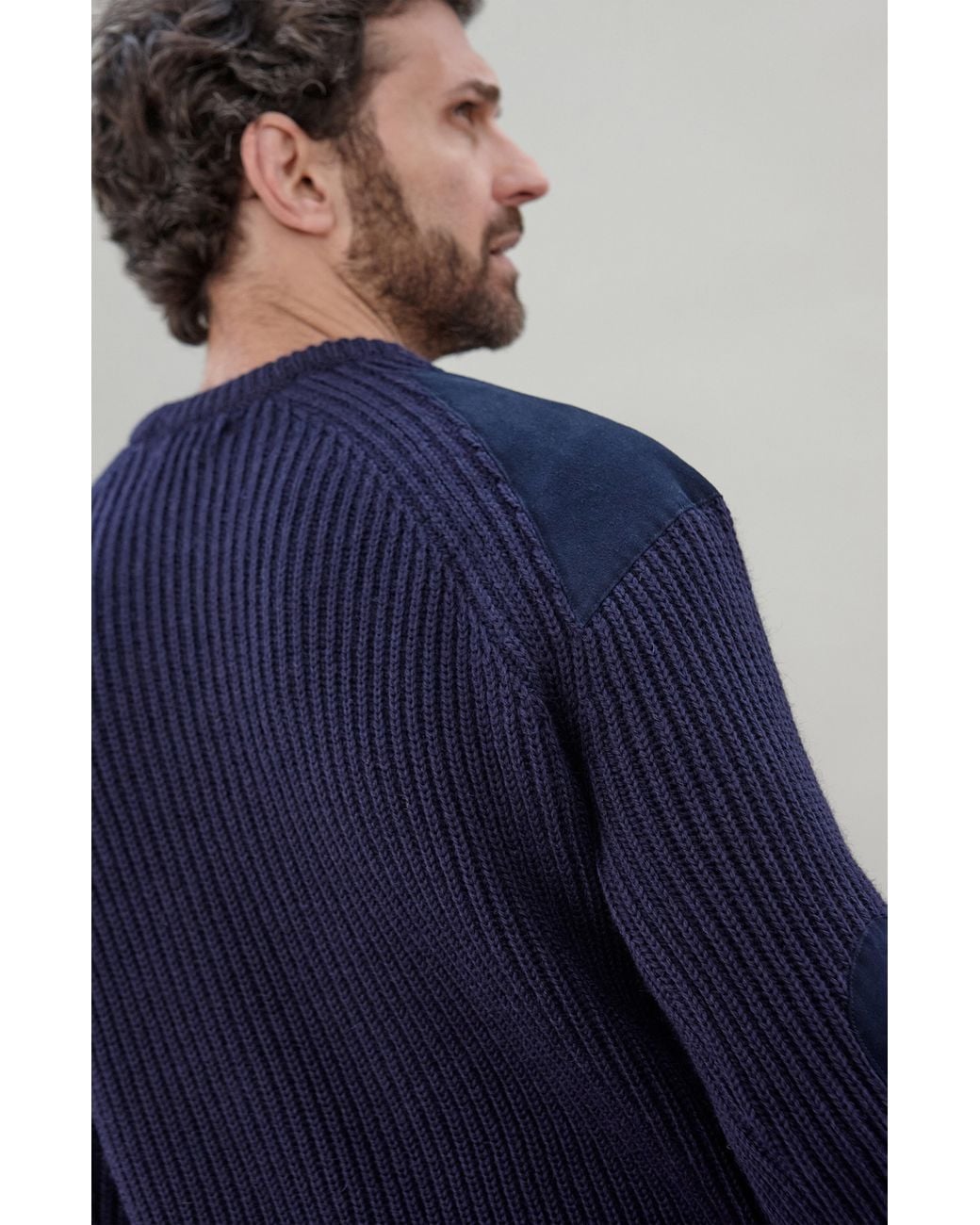 Paul James Knitwear Blue Chunky British Wool Hardy Ribbed Shooting Jumper for men
