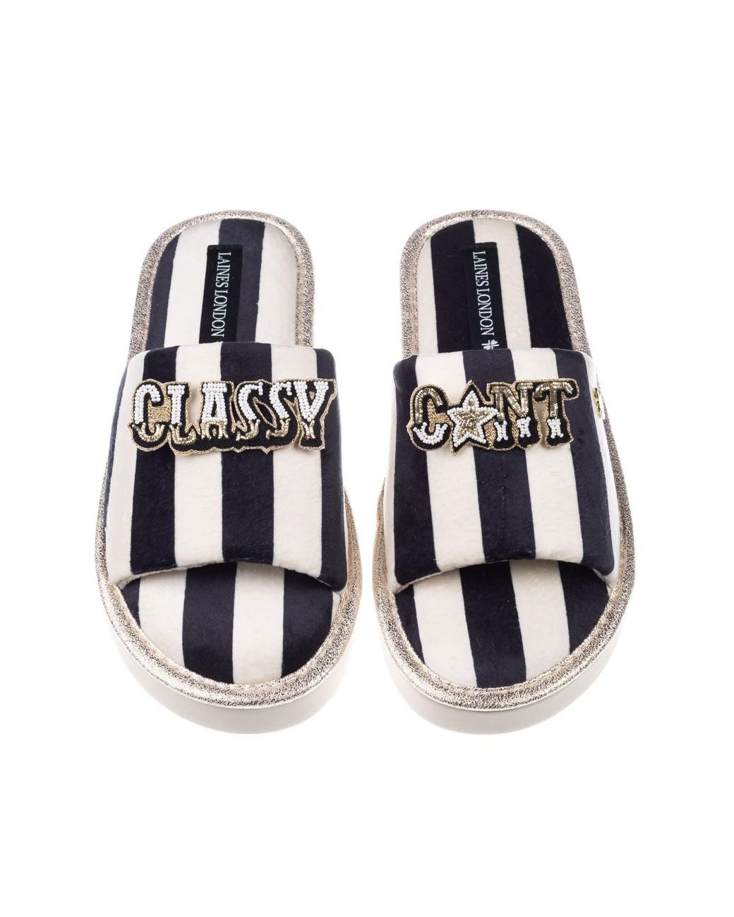 Laines London Blue Flatform Stripe Open Toe Slippers With Classy C*Nt Brooches