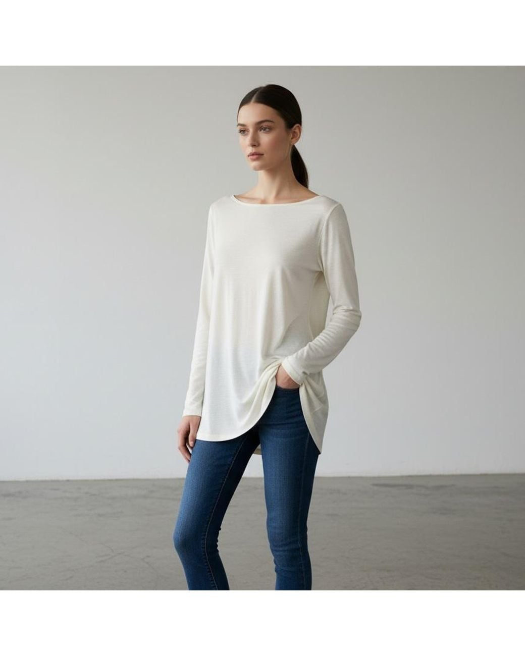 Conquista White Neutrals Cream Long-Sleeve Relaxed Fit Top
