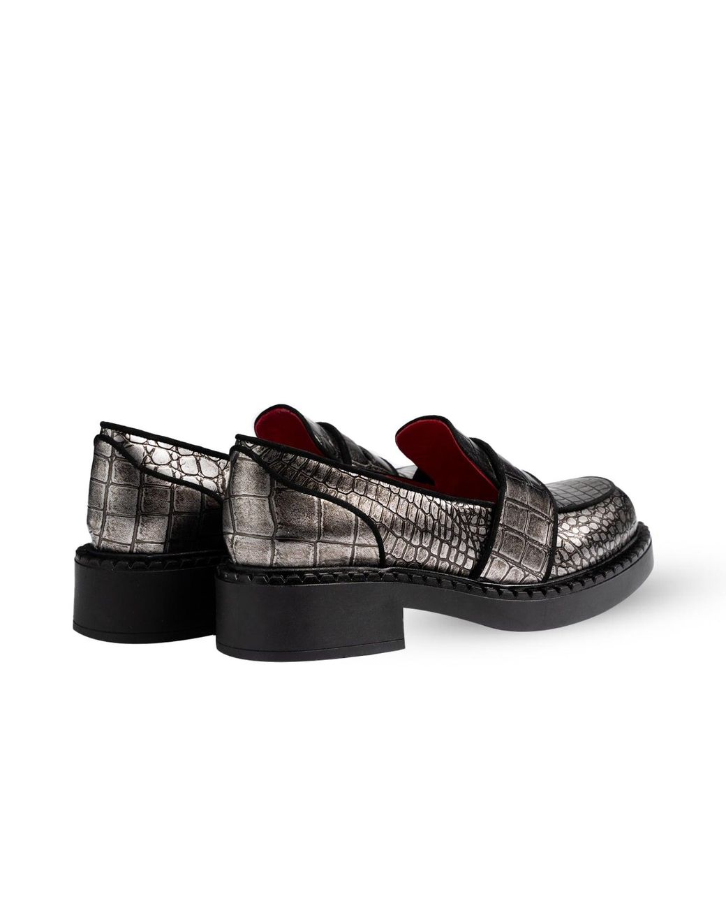 Rosamund Muir London Black Stratford Pewter Metallic Crocodile Print Loafers