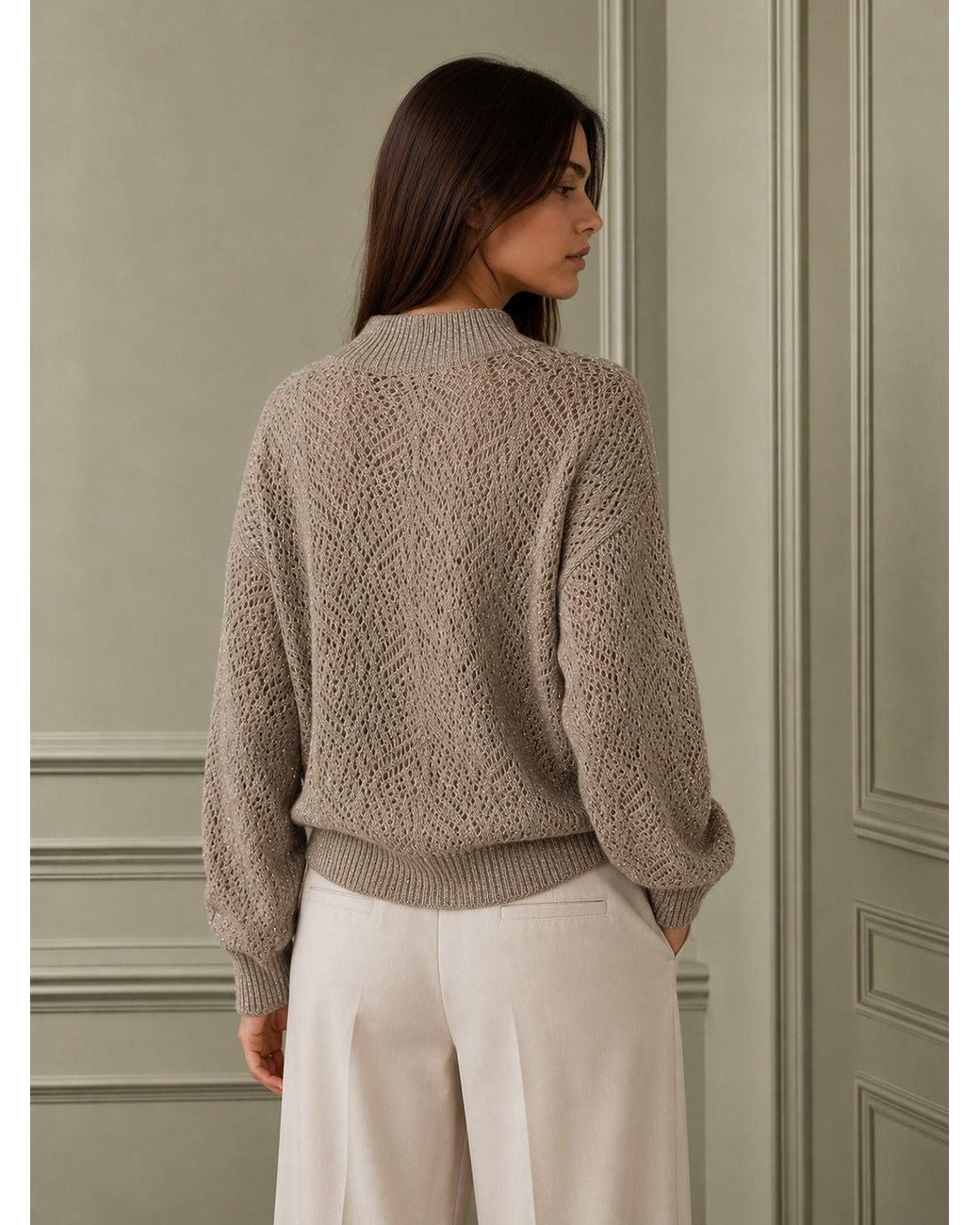 Smart and Joy Brown Openwork Wool And Mohair Cardigan With A V-Neck And Long Sleeves