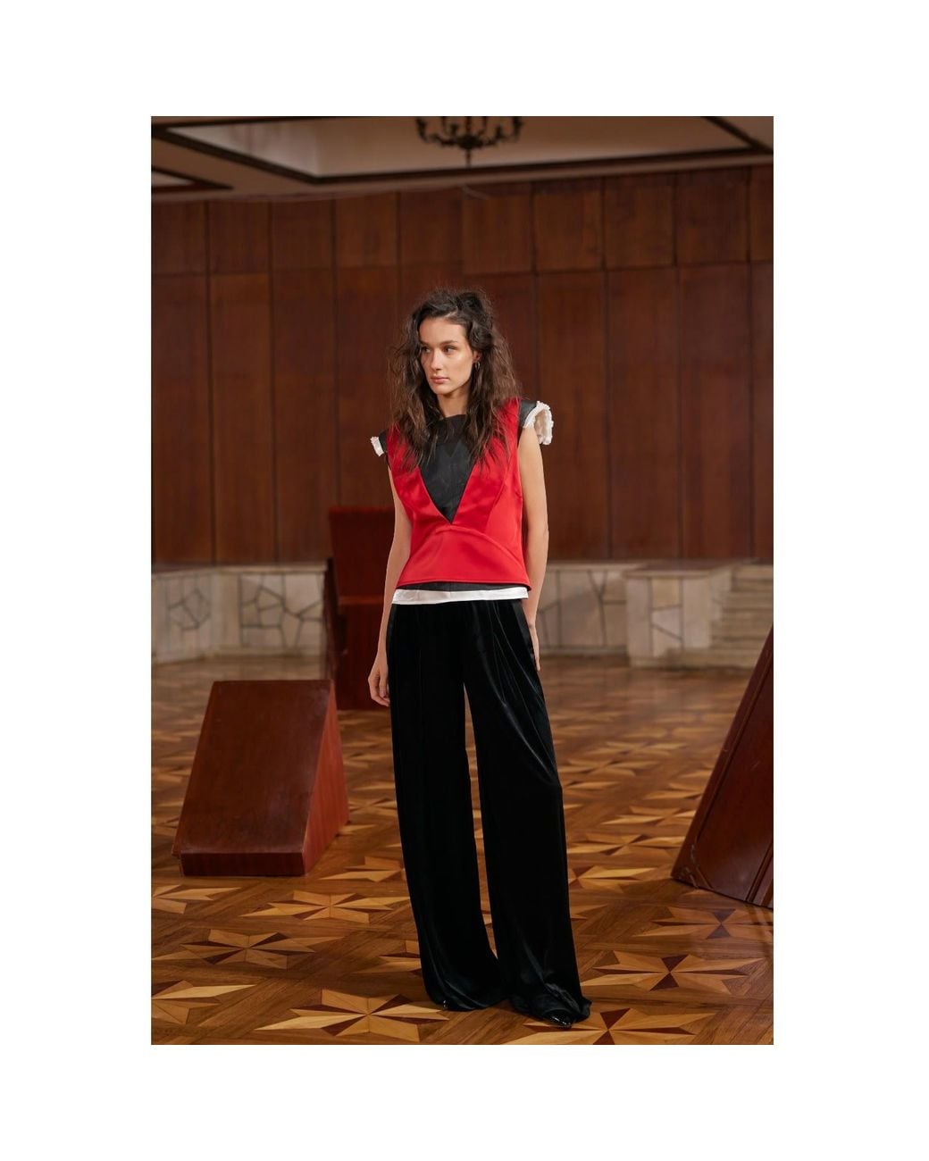 Julia Allert Black Wide-Leg Velvet Trousers With Satin Details