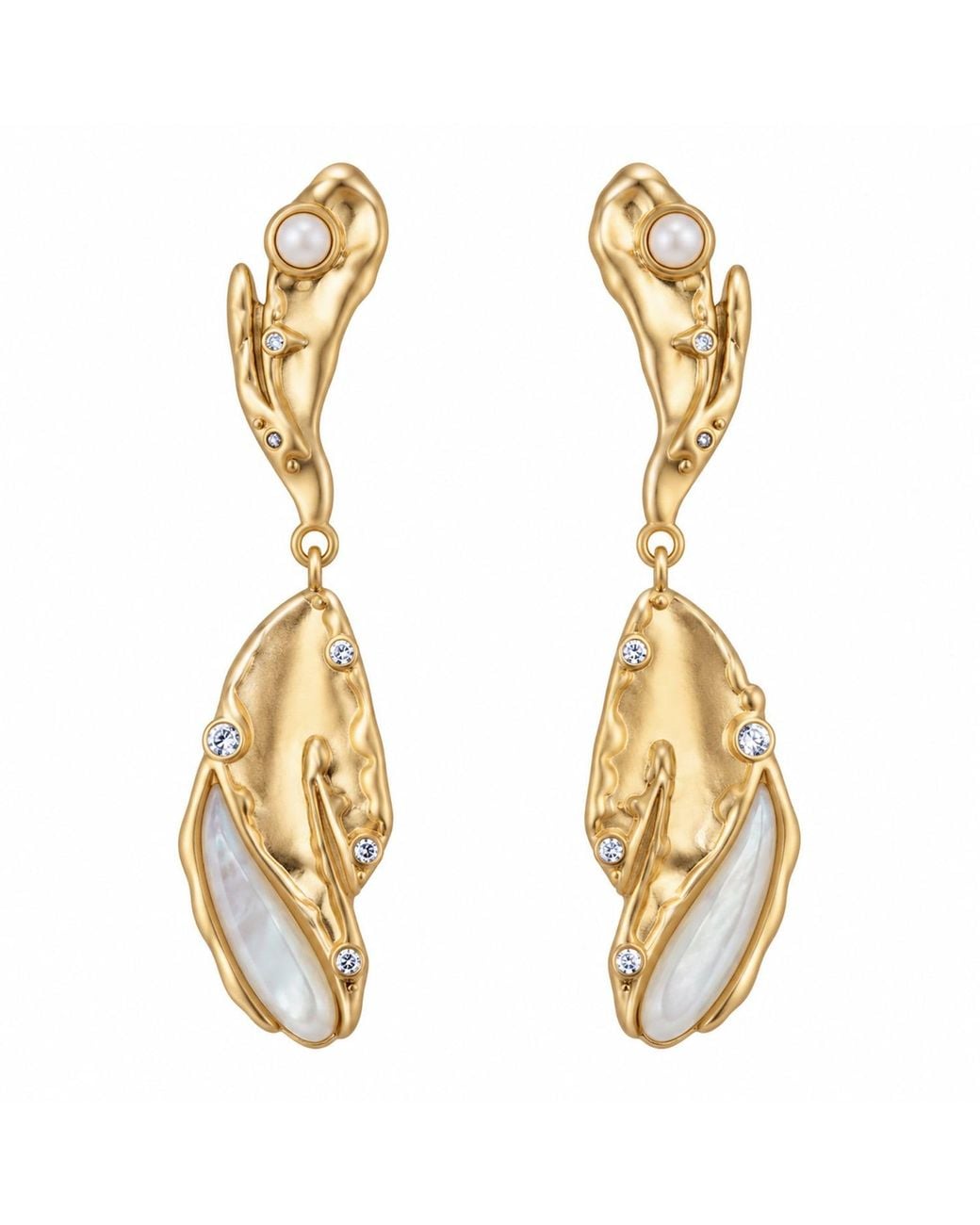 Rare Matters Jewelry Metallic Sculptural Mother Of Pearl Leaf Drop Earrings Cz Organic Earrings