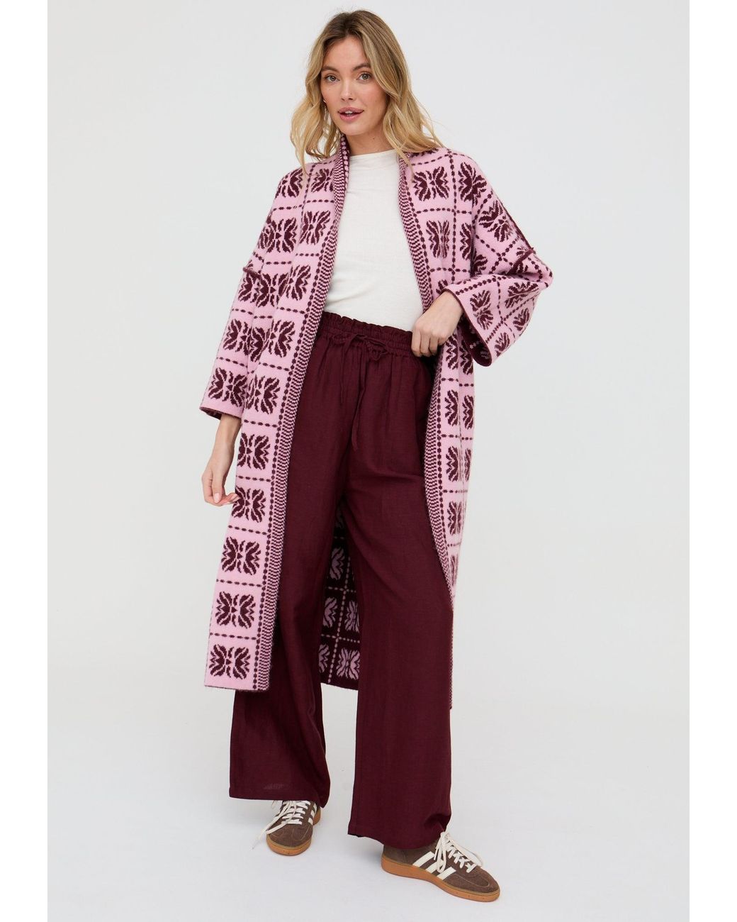Raffya Ally Abstract Print Long Line Cardigan in Red | Lyst