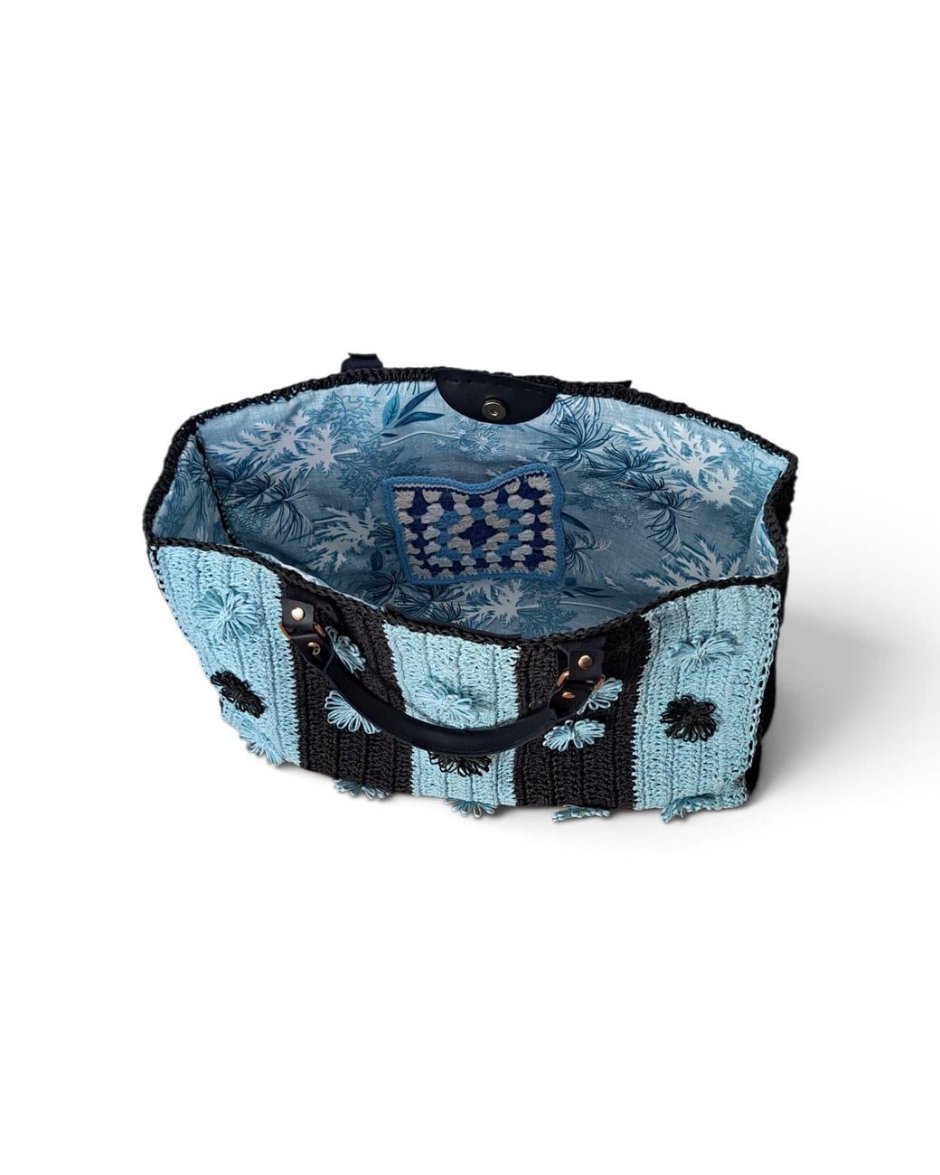 Springmoonatelier Blue Handcrafted & Raffia Bloom Tote