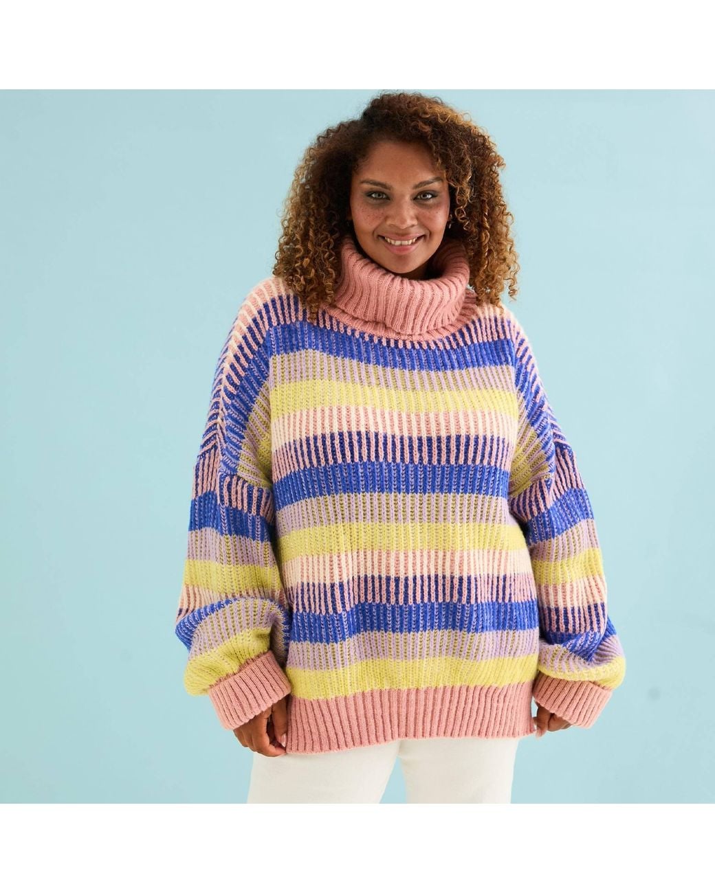 Cara & The Sky Blue Tasha Oversized Balloon Sleeve Stripe Roll Neck Jumper
