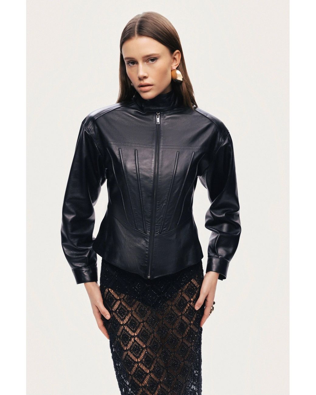 Nocturne Black Zip-Front Fitted Leather Jacket